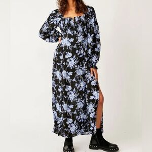 Free People‎ Jaymes Print Black and Blue Floral Long Sleeve Midi/Maxi Sz XS FLAW
